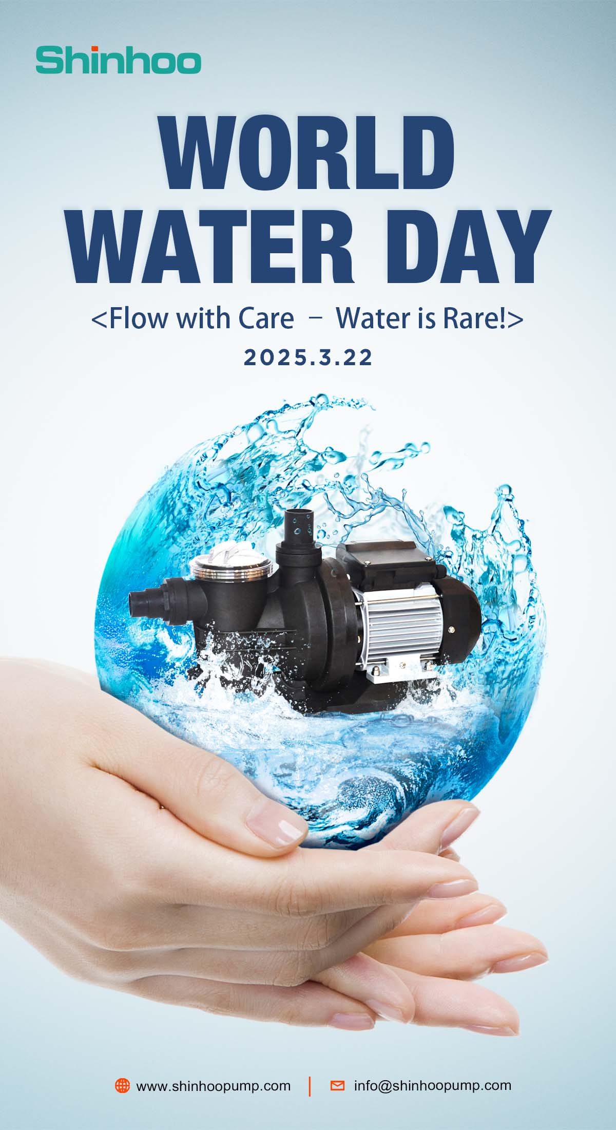 Chaque année, le 22 mars, la Journée mondiale de l'eau nous rappelle le rôle vital que joue l'eau dans nos vies et l'importance d'une gestion durable de l'eau. Chez Shinhoo, nous sommes fiers de contribuer à cette mission mondiale grâce à notre engagement inébranlable en faveur de l'innovation, de la qualité et de la durabilité.  Notre slogan, « Concentrer nos efforts sur de bonnes pompes, faites pour durer des années », reflète notre volonté de créer des solutions de pompage fiables et performantes qui résistent à l'épreuve du temps. De la conception économe en énergie à la technologie de pointe, chaque produit Shinhoo est fabriqué avec précision et soin, afin de garantir des performances exceptionnelles tout en minimisant l'impact sur l'environnement.  Mais notre vision va au-delà de la simple fabrication de pompes. Chez Shinhoo, nous nous efforçons de « Permettre aux gens de vivre plus confortablement et en harmonie avec la nature ». Nous pensons que l'accès à l'eau potable et à l'énergie durable est essentiel pour une meilleure qualité de vie. En proposant des solutions de pompage innovantes, nous visons à améliorer le confort des individus et des communautés tout en promouvant un avenir plus vert et plus durable.  À l'occasion de la Journée mondiale de l'eau, rejoignez-nous pour célébrer le pouvoir de l'eau et le rôle de la technologie dans la préservation de cette précieuse ressource. Ensemble, nous pouvons créer un monde où les hommes et la nature prospèrent en harmonie.